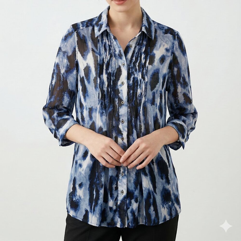 Fever Blouse Blue Black Grunge Pleated Sheer Indie Casual S